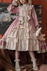 Robe Sweet Lolita OP à volants multicouches avec manches longues, nœud papillon et col rond rose